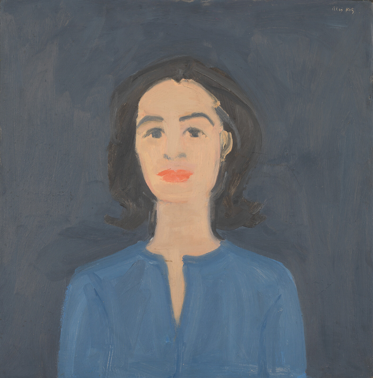 A painted portrait of a woman with dark hair wearing a blue top against a dark background.