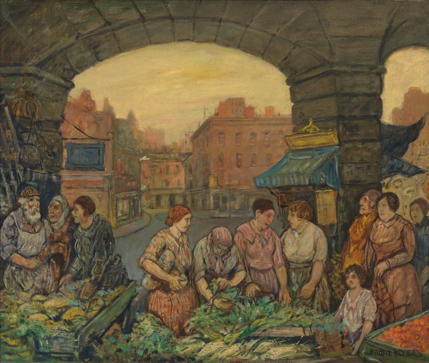 Women gather under an arch selling and sorting fresh vegetables at a busy outdoor market.