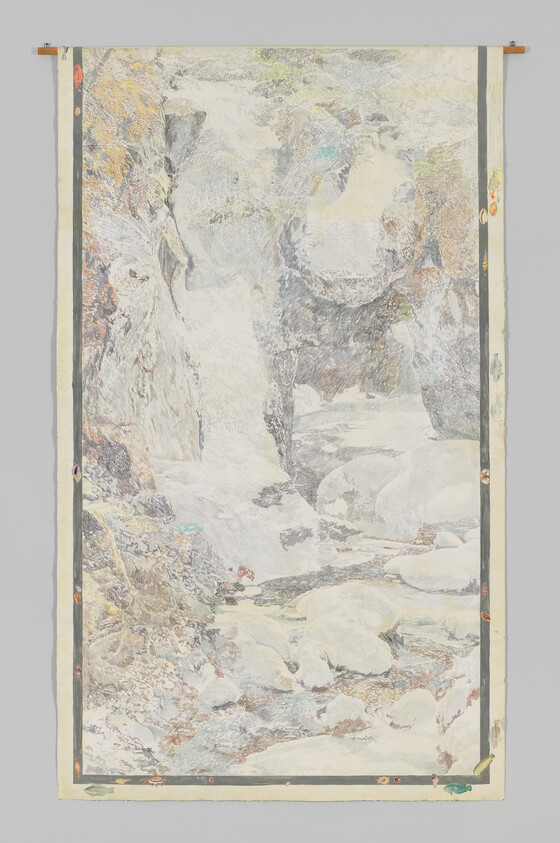 A delicate painting of a snowy stream flowing through rocky cliffs, framed by a narrow border.
