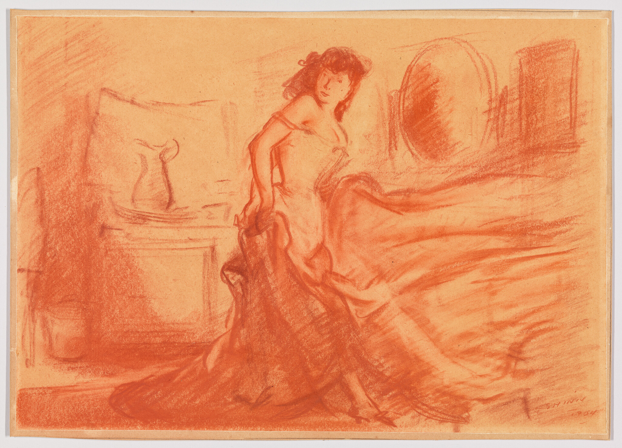 A sketch of a woman in a flowing dress, captured in mid-twirl with a dynamic sense of movement. The background suggests an interior setting with a mirror and a table bearing a vase. The artwork is rendered in red tones, giving it a warm, vibrant feel.