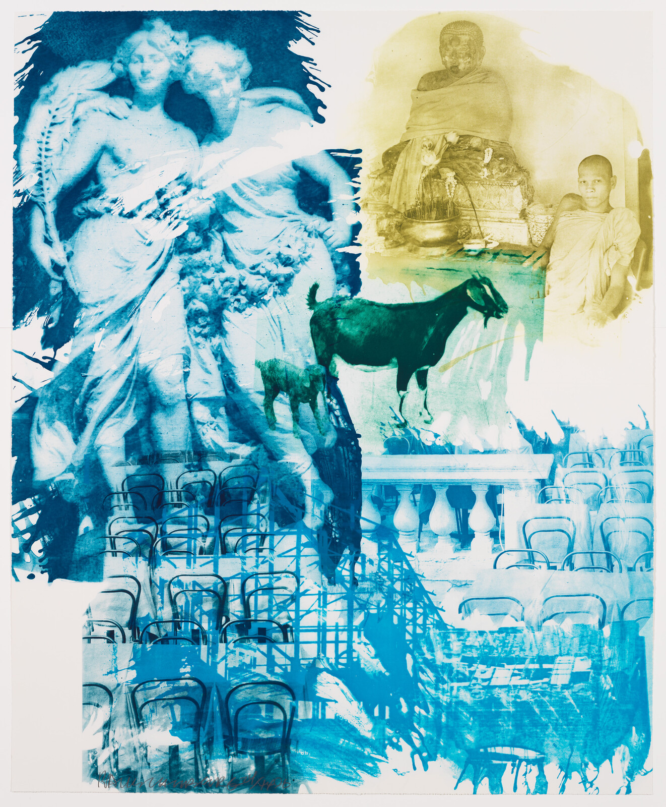 Blue-tinted collage shows classical statues, a goat, and empty chairs with a monk photo.