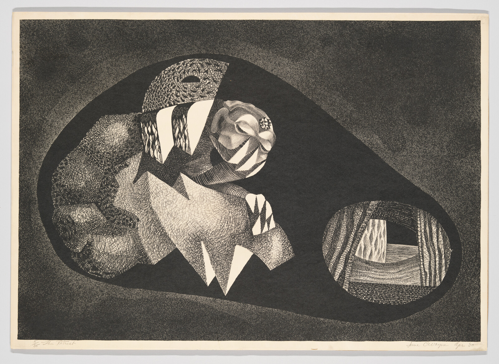 A textured abstract figure reclines inside a dark oval with a small circular forest scene.