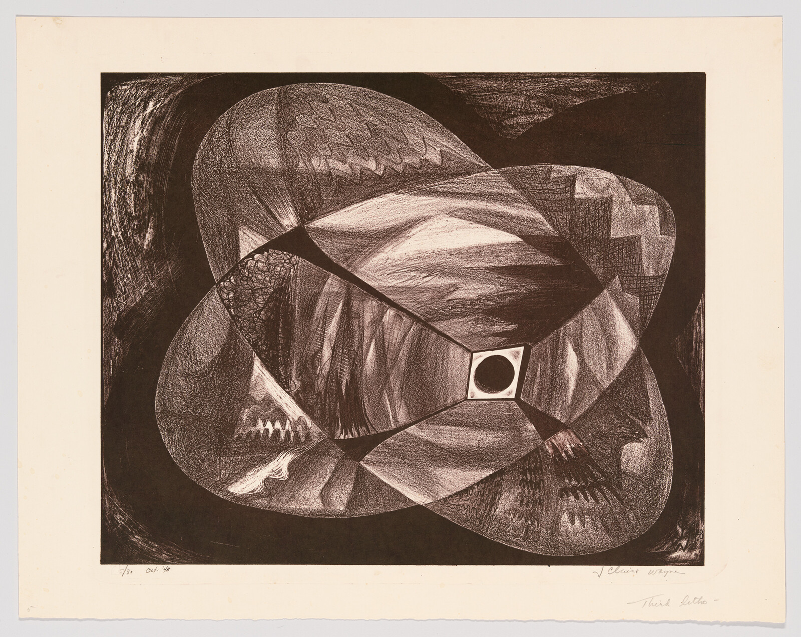 Abstract composition of overlapping rounded shapes around a central square containing a dark circle.