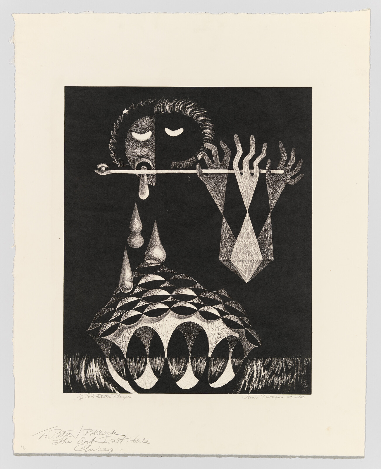 A surreal figure with closed eyes drops teardrops onto a patterned dome while holding geometric shapes.