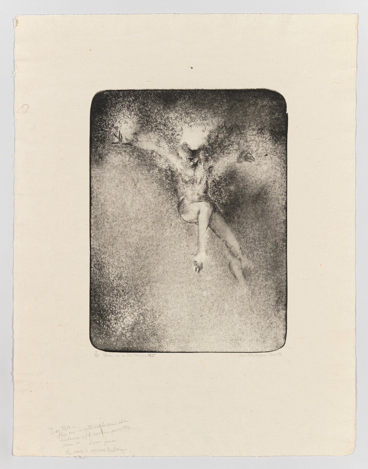 A grainy monochrome figure with outstretched arms appears to float downward inside a rounded frame.