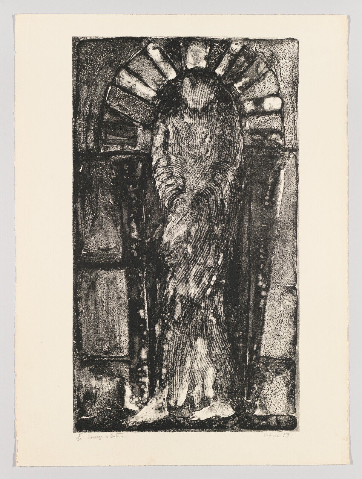 A tall cloaked figure stands in a stone arched niche with textured, weathered surfaces.