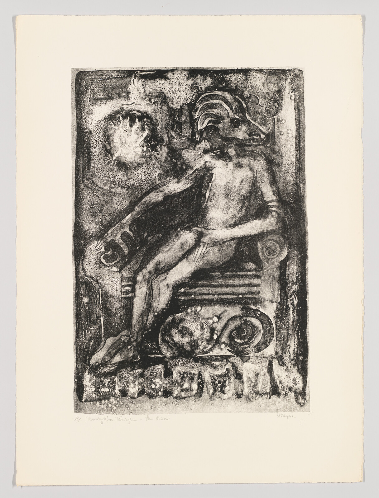 A seated mythic figure with an animal-like head resting on an ornate carved chair.