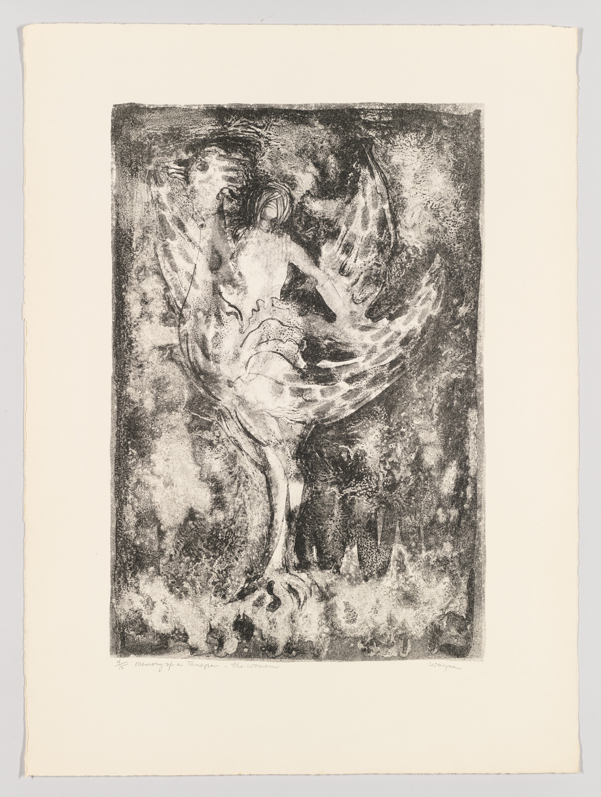 A swirling figure with flowing skirt and raised arms dancing amid smoky textures.