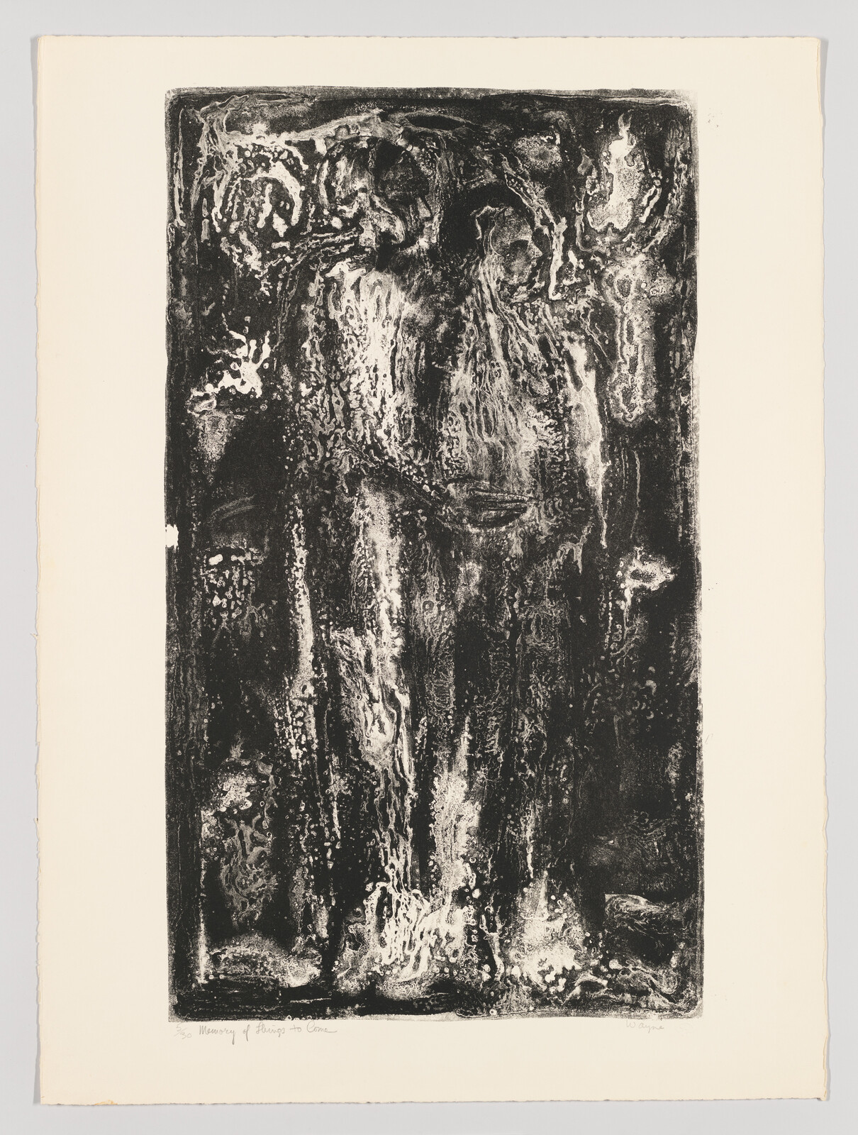 Dark abstract print showing two elongated figures emerging from flowing, textured vertical patterns.