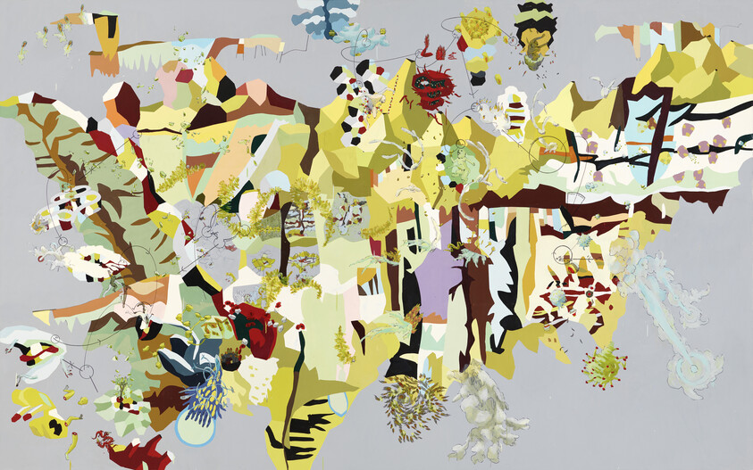 Abstract colorful collage of organic shapes and patterns spread across a light gray background.