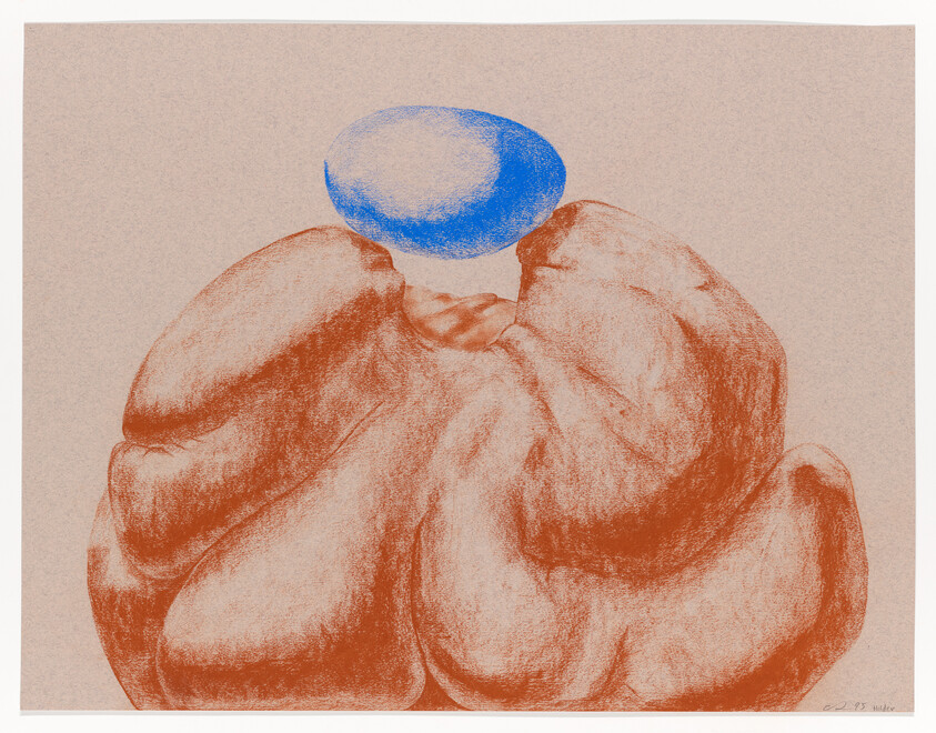 A large reddish-brown folded form supports a small bright blue oval resting on top.