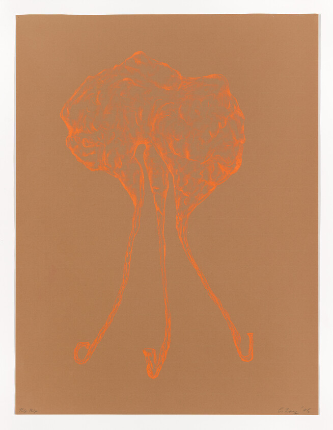 An orange sketch of a brain-like form with three long trailing tentacles on brown paper.