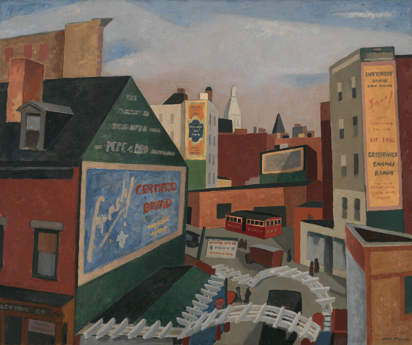 Urban rooftop scene with colorful billboards, elevated walkway, trolley car, and pedestrians below.