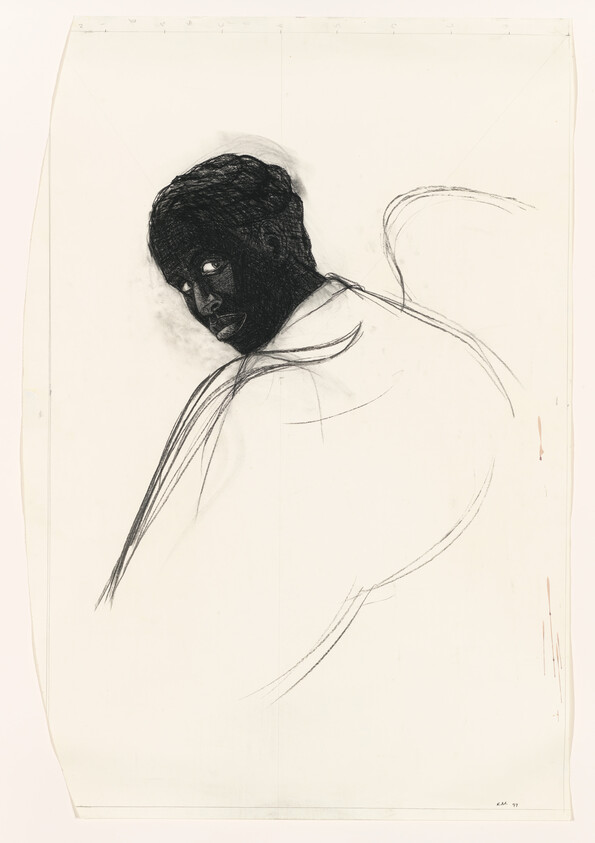 A charcoal sketch of a person with a dark shaded face glancing over their shoulder.