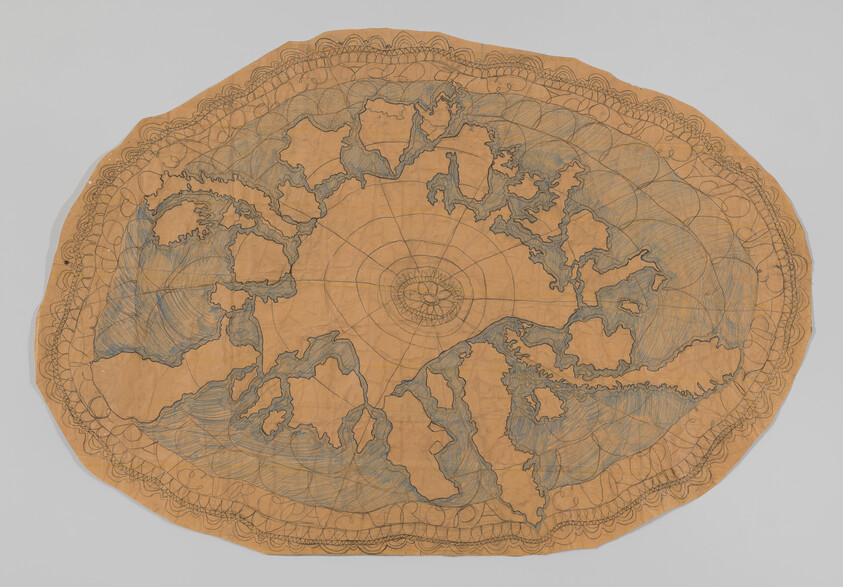 An intricately detailed, oval-shaped world map etched on a parchment-like surface, with continents outlined and a series of circular lines emanating from the center, suggesting a historical or antique style of cartography.