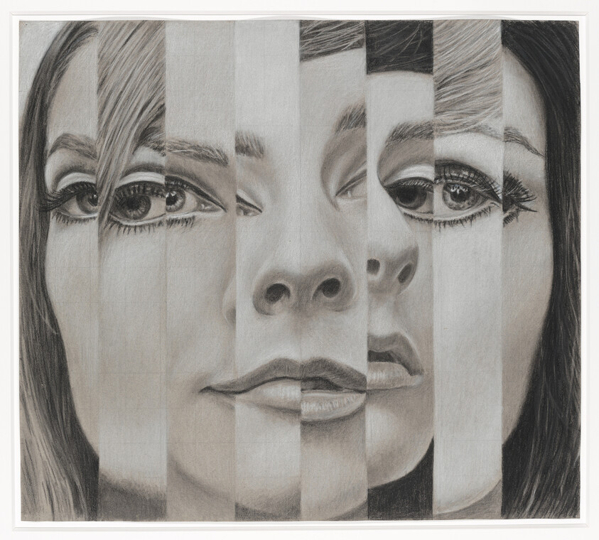 Three female faces merged in vertical strips forming a single composite portrait.