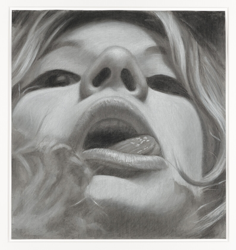 Close-up low-angle view of a woman's face with her mouth open and tongue partially out.