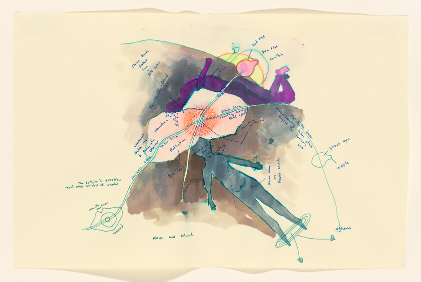 A watercolor diagram shows a reclining human silhouette with labeled lines and colored anatomical shapes.