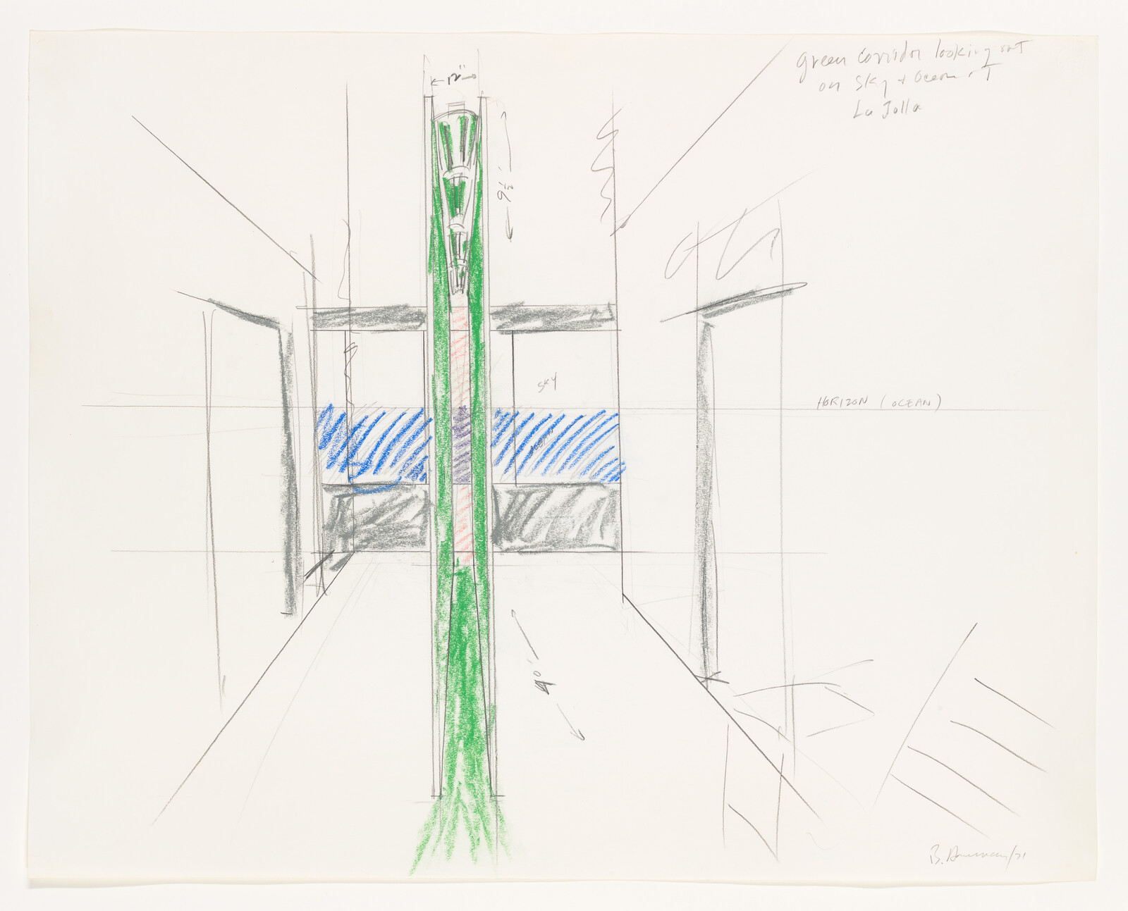 Central green vertical corridor in a pencil sketch with blue horizon band and perspective lines.