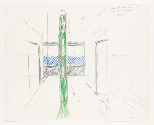 Central green vertical corridor in a pencil sketch with blue horizon band and perspective lines.