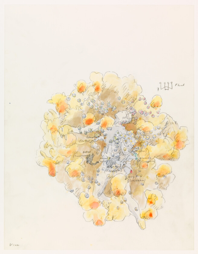 A reclining human figure surrounded by fluffy yellow-orange clouds and scattered gray-blue spheres.