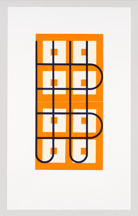 Abstract orange panel with white squares and dark blue grid and curved looped lines.