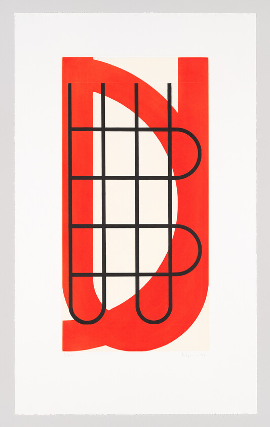 Red abstract shape with black rounded grid overlay centered on a white background.