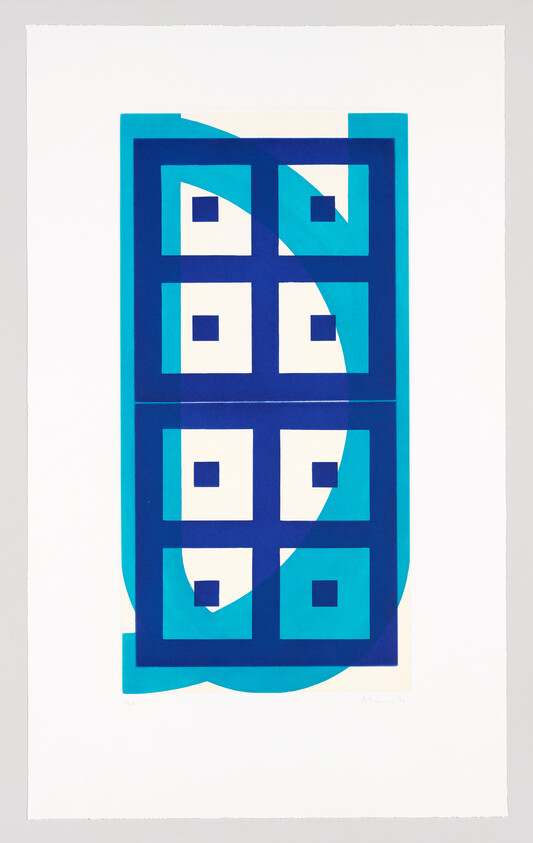 Abstract geometric composition with a dark blue six-square grid over a teal curved background.