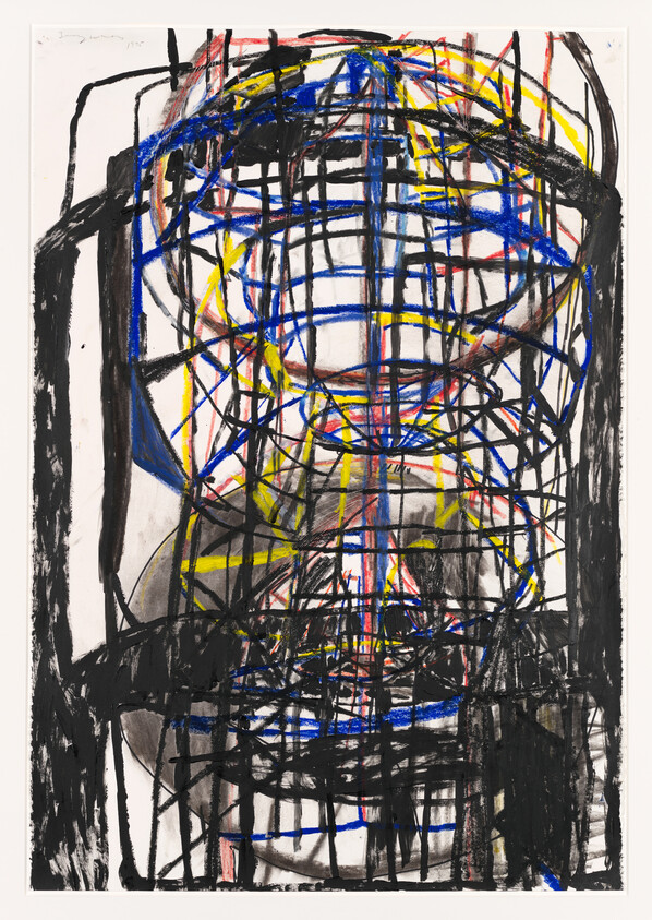 Chaotic abstract composition of overlapping black, blue, and yellow lines forming circular, cage-like shapes.