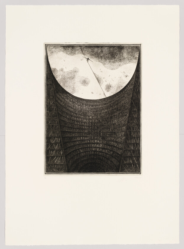 An etching depicting a surreal architectural structure with a curved, towering facade and a small figure standing at the precipice of a high ledge, set against a cloudy sky. The intricate details of the building's interior suggest a vast, cathedral-like space. The artwork is signed and dated by the artist in the lower margin.