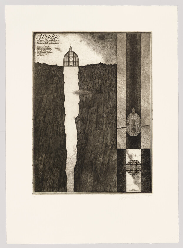 An etching depicting a surreal landscape with a large chasm and a bridge overhead. The bridge has a birdcage-like structure on top. To the right, the image is divided into vertical sections with repeated motifs of the cage and chasm. Text at the top left corner reads "A Bridge above the precipice in the high mountains." The artwork has a dreamlike, eerie quality.