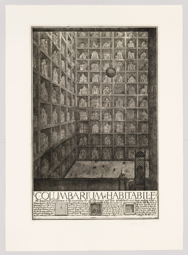 Large grid-like columbarium with many small niches and the title "Columbarium Habitabile" below.