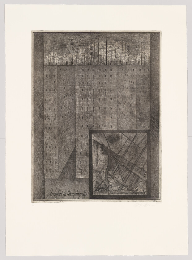 A detailed etching depicting a complex architectural structure with numerous windows, overlaid by a dense grid of lines suggesting a cityscape. In the lower right corner, there's an inset of a chaotic, abstract form. Below the image, the text "comfort in the metropolis" is inscribed, and the piece is numbered and signed by the artist.