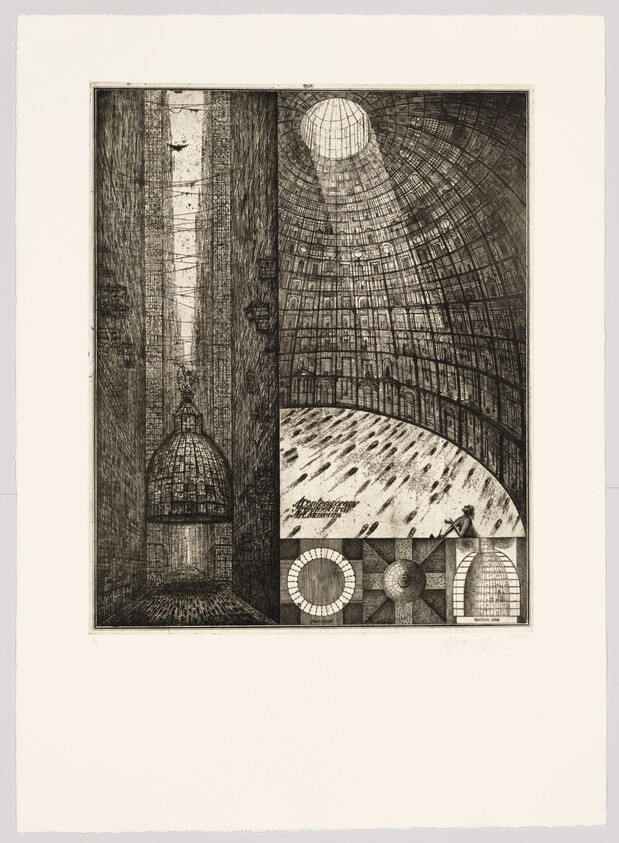 Etching of architectural structures with intricate patterns and a large dome, featuring a play of light and shadow.