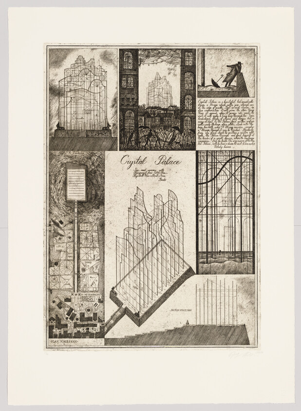 Vintage illustration featuring various architectural drawings and plans of the Crystal Palace, including elevation views, a floor plan, and a section view, with handwritten notes and a title block.