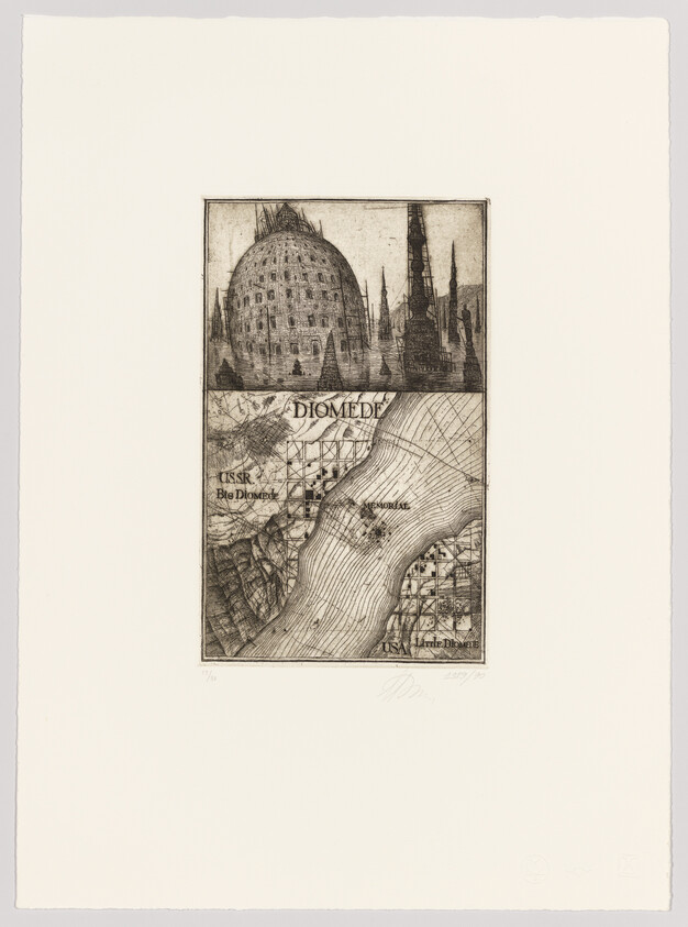 This is an etching of a fantastical landscape with a large, dome-like structure at the center, surrounded by spires and other architectural elements. Below the central image is a map-like drawing with labels such as "USSR," "USA," and "Bering Strait," suggesting a geographic context. The artwork includes text "DIOMEDE" prominently across the middle. The piece is numbered and signed by the artist in the lower margin.