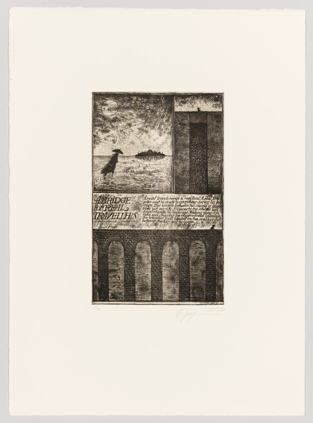 A textured print featuring a collage of images and text. The top section shows a stormy seascape with a bird in flight and a small island under a dark sky. Below is a block of text with the words "AIRBRIDGE FOR TRAVELLERS" prominently visible. The bottom section depicts a series of arches, resembling a bridge or aqueduct, in a dark, etched style. The artwork has a numbered signature at the bottom and is bordered by a wide margin of blank paper.