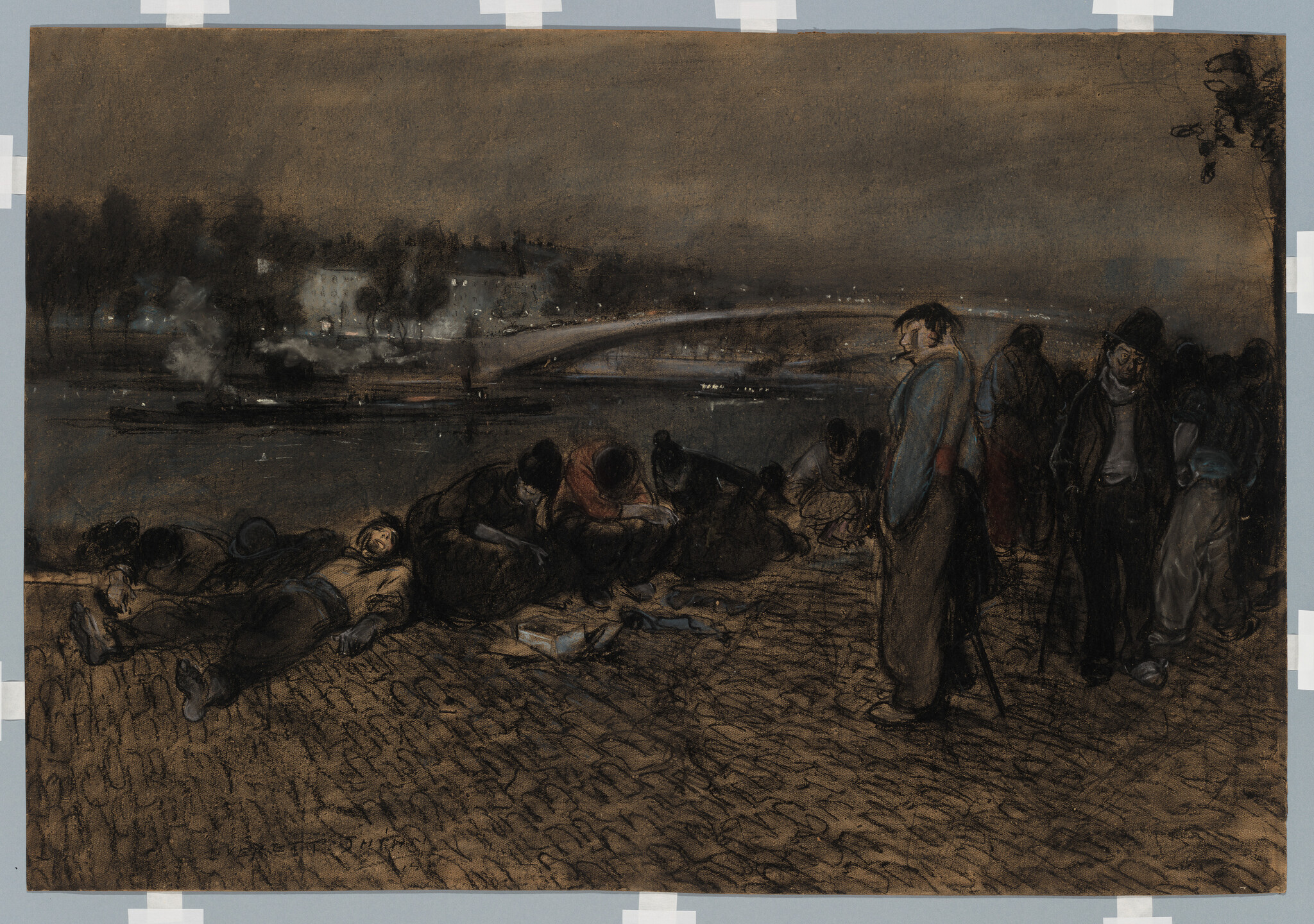 Victorian-era illustration of people gathered by a river at night, with a bridge in the background and boats on the water.