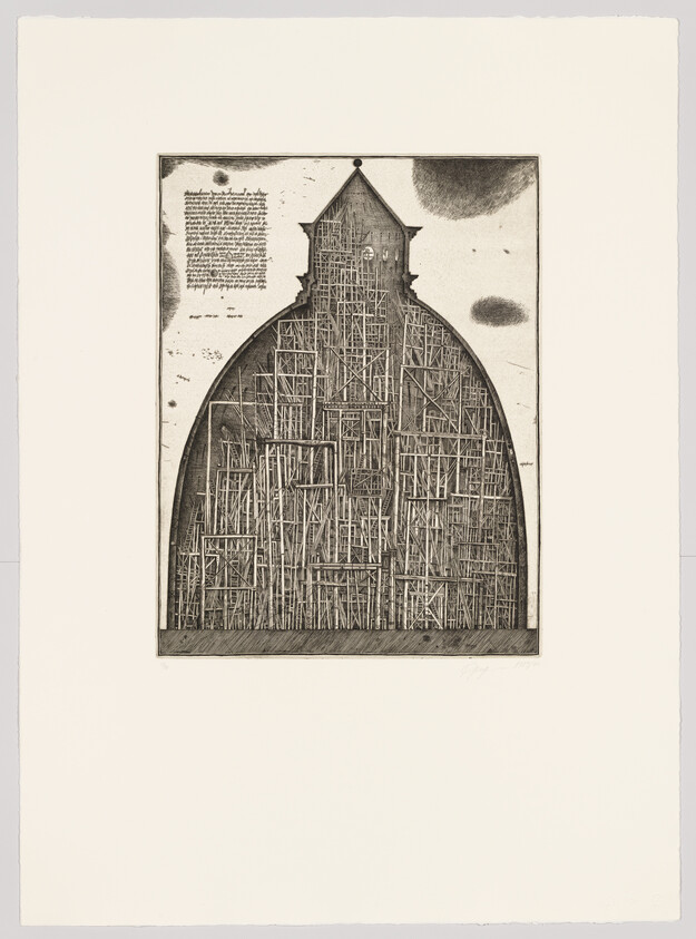 An intricate black and white etching depicting a large, domed structure supported by an elaborate framework of scaffolding. The dome is set against a background featuring celestial bodies, including a large moon-like sphere. To the left of the dome, there is a block of text in a script that is too small to read. The image has a vintage or historical appearance, and is centered on a white background with the artist's signature at the bottom right.