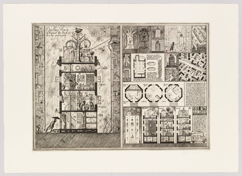 Detailed black and white etching depicting a cross-section of a multi-story dwelling house with various rooms and architectural details. The left side shows the vertical cutaway of the building with rooms furnished with period items, while the right side features floor plans, design patterns, and a small map of a city layout. Text annotations accompany the illustrations, providing context and descriptions.