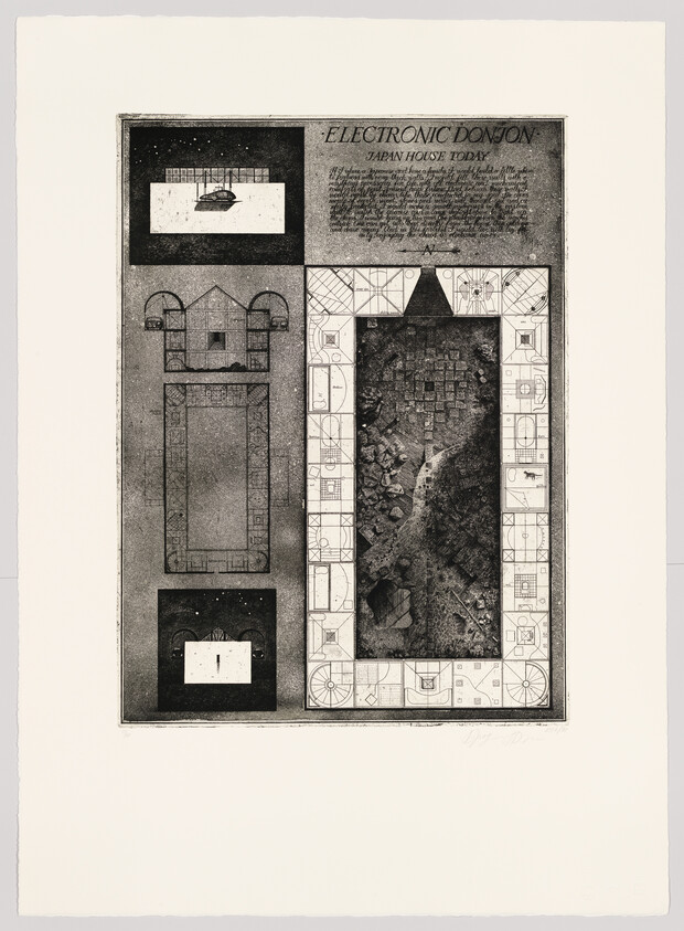 This is an image of a detailed architectural drawing titled "ELECTRONIC DONJON JAPAN HOUSE TODAY." The drawing features a central, large, vertical section with a complex, labyrinthine design resembling a circuit board or a detailed floor plan. Surrounding this central section are smaller architectural plans and diagrams, some with geometric shapes and symbols. The artwork has a monochromatic color scheme and includes text blocks with descriptions. The artist's signature is visible at the bottom right corner.