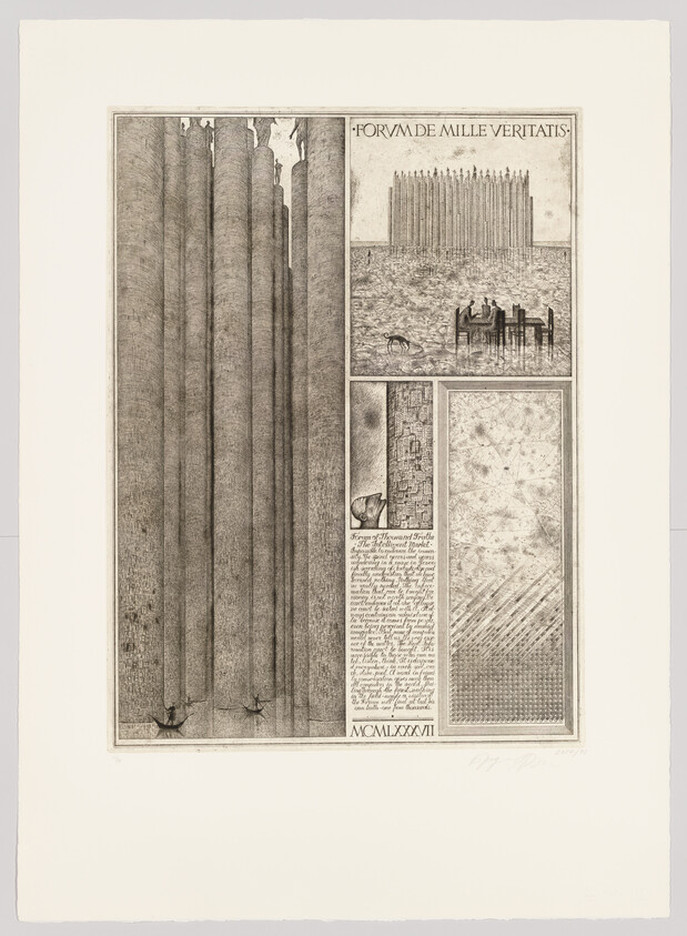 Architectural drawing with tall columns, small figures, and text reading "FORVM DE MILLE VERITATIS" at the top.
