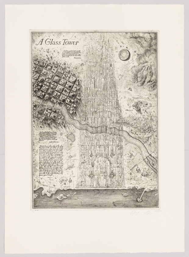 Detailed map titled "A Glass Tower" showing a long vertical city block divided by a river and coastline.