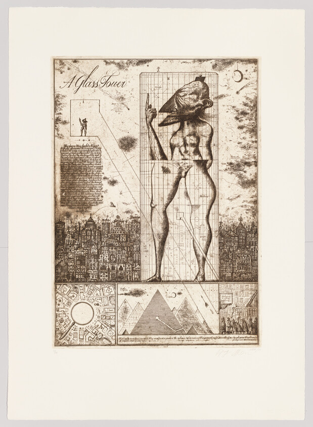 An intricate etching featuring a central figure of a nude woman overlaid with a grid, surrounded by various architectural and geometric elements, including a cityscape, pyramids, and a circular maze. The top left corner includes the text "A Glass Tower" and a small figure standing on a slope. The artwork is rich in detail and symbolism, with a blend of classical and modern influences.