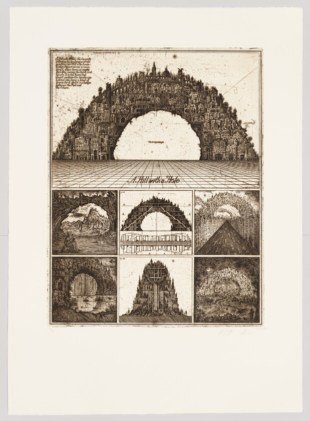 Architectural drawing shows a large arched city labeled "A Hill in the Hole" with six smaller related sketches below.