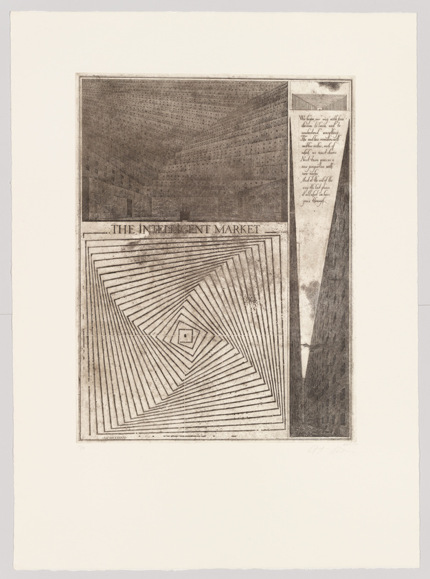 An etching depicting an abstract composition with geometric patterns and text elements. The main section shows a series of concentric rectangles with a diamond pattern inside, labeled "THE INTELLIGENT MARKET." To the right, a vertical strip features handwritten text, partially legible, with a dark, textured background. The artwork has a vintage or aged appearance, with a warm sepia tone.