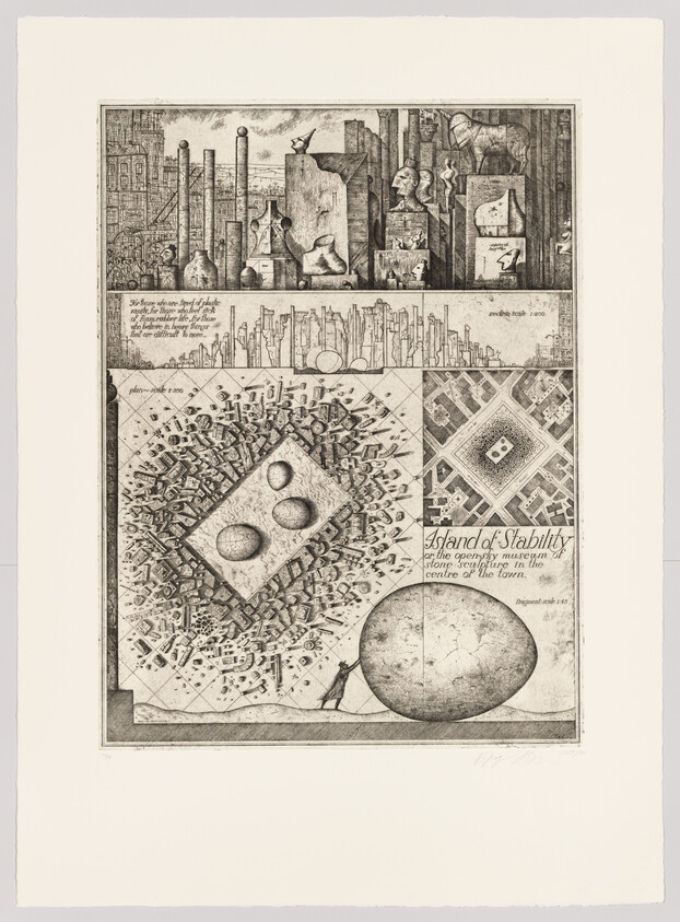A detailed black and white etching divided into two main sections with intricate designs. The top half depicts a surreal cityscape with towering structures, pipes, and abstract shapes, some resembling faces and animals. The bottom half shows a chaotic array of geometric shapes and lines surrounding a central diamond shape with three circles, labeled "Island of Stability." Below the diamond is a globe with a shadowy figure standing beside it. Text is interspersed throughout the artwork, including a caption near the bottom. The artist's signature and edition number are at the lower right corner.