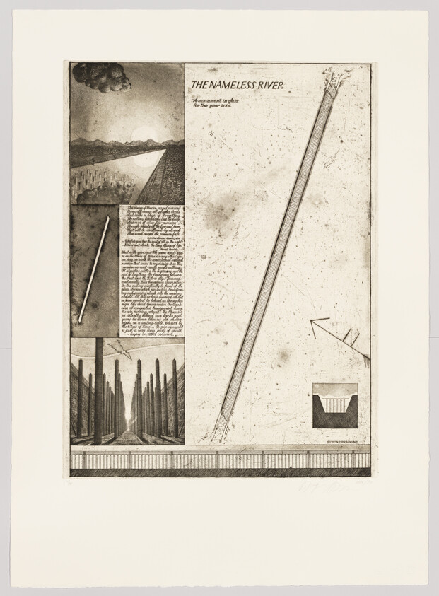 A map-like drawing titled "The Nameless River" with diagrams, a block of handwritten text, and architectural sketches.