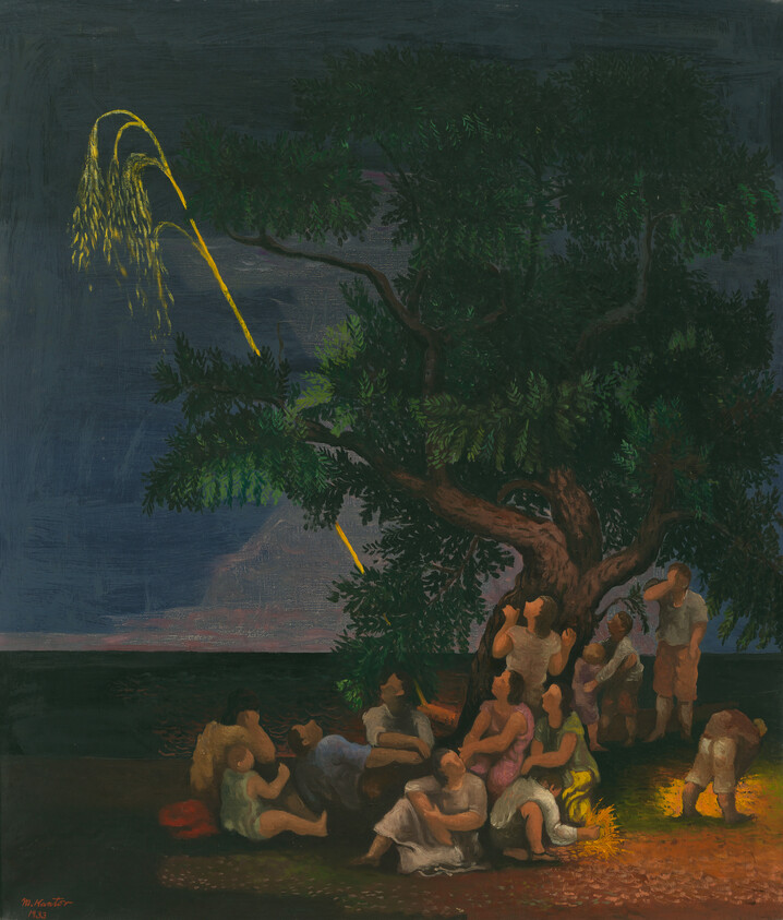 A group of people gathered under a large tree watching a bright meteor streak across the night sky.