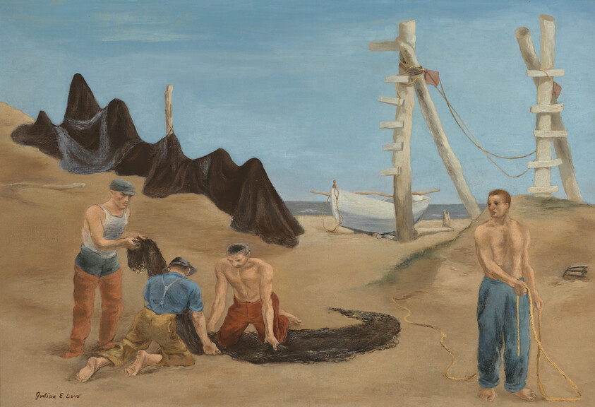 Four fishermen on a sandy beach repair and spread fishing nets beside a small boat.